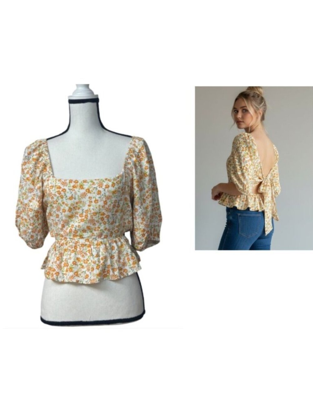 LUSH Junior’s Floral Puff Sleeve, Ruffle Hem Tie-Back Blouse , Sz. M
